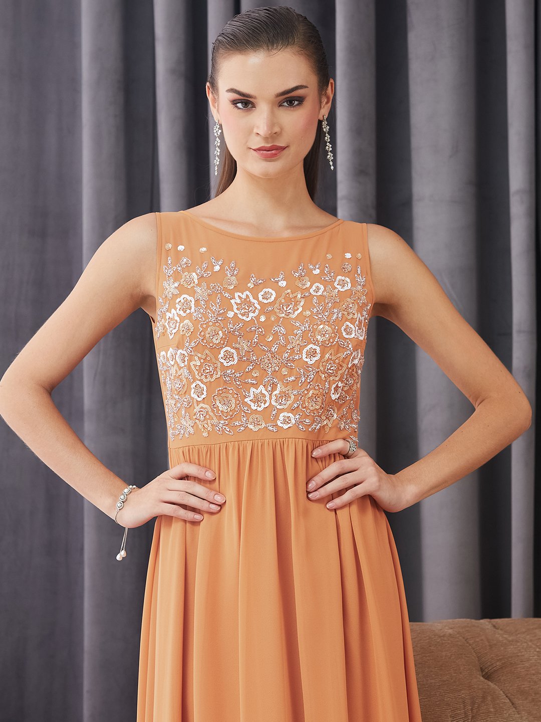 Orange Embroidered Sleeveless A-Line Maxi Dress