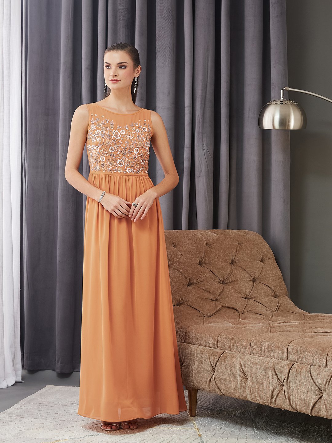 Orange Embroidered Sleeveless A-Line Maxi Dress