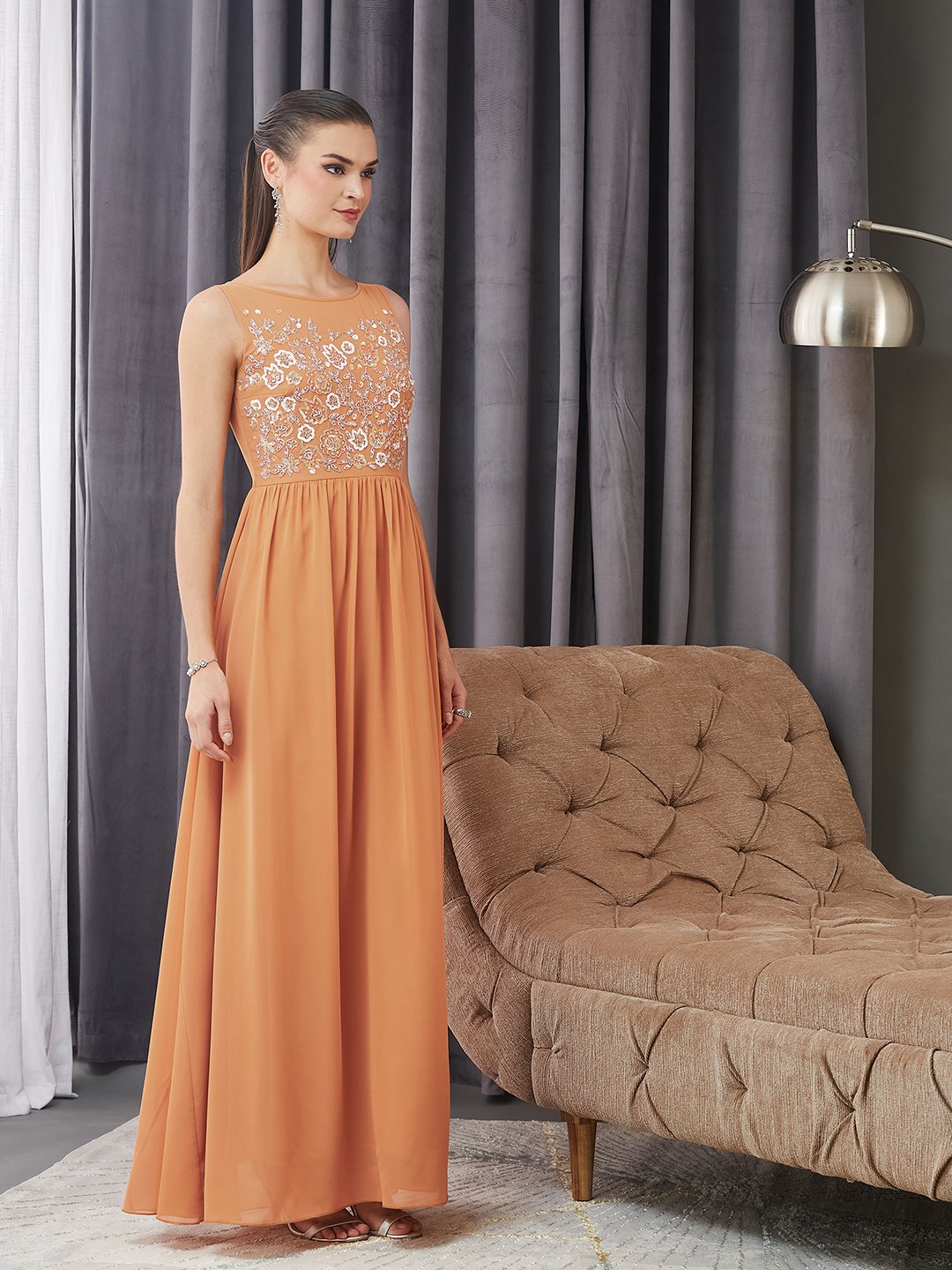 Orange Embroidered Sleeveless A-Line Maxi Dress