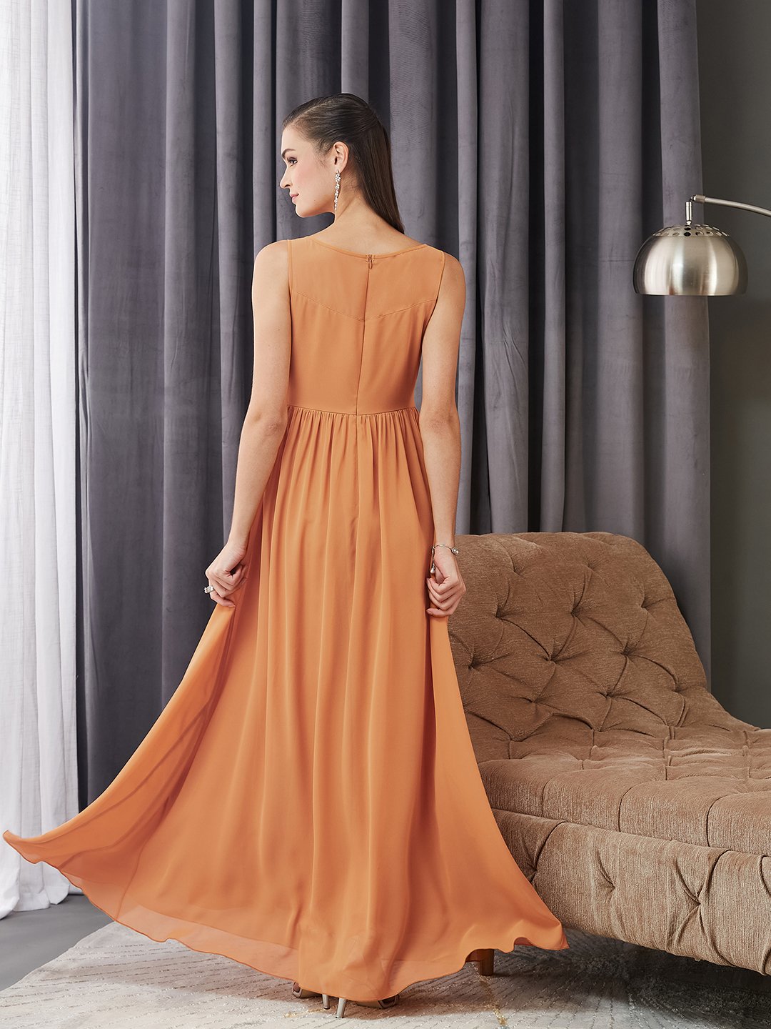 Orange Embroidered Sleeveless A-Line Maxi Dress