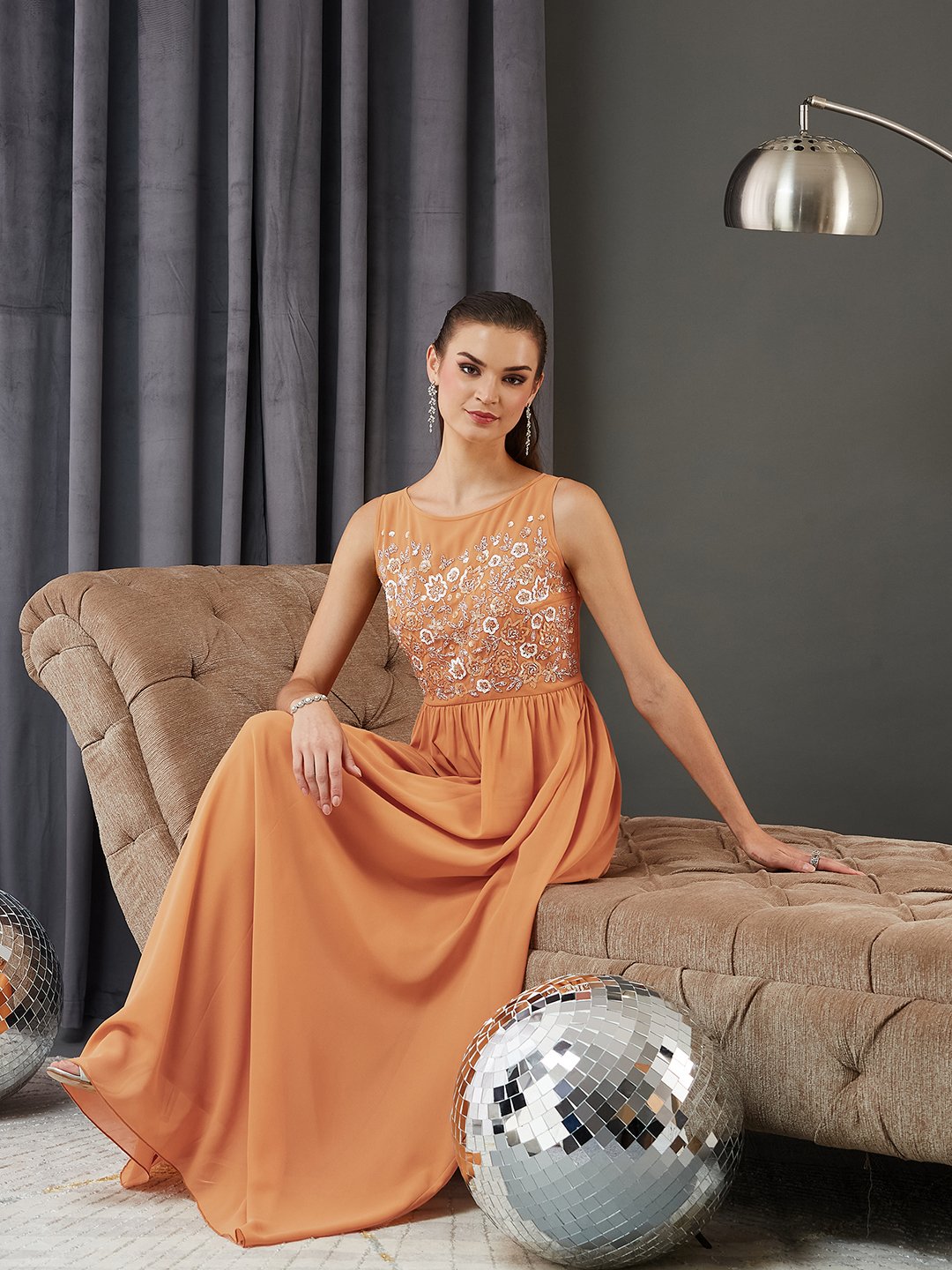 Orange Embroidered Sleeveless A-Line Maxi Dress