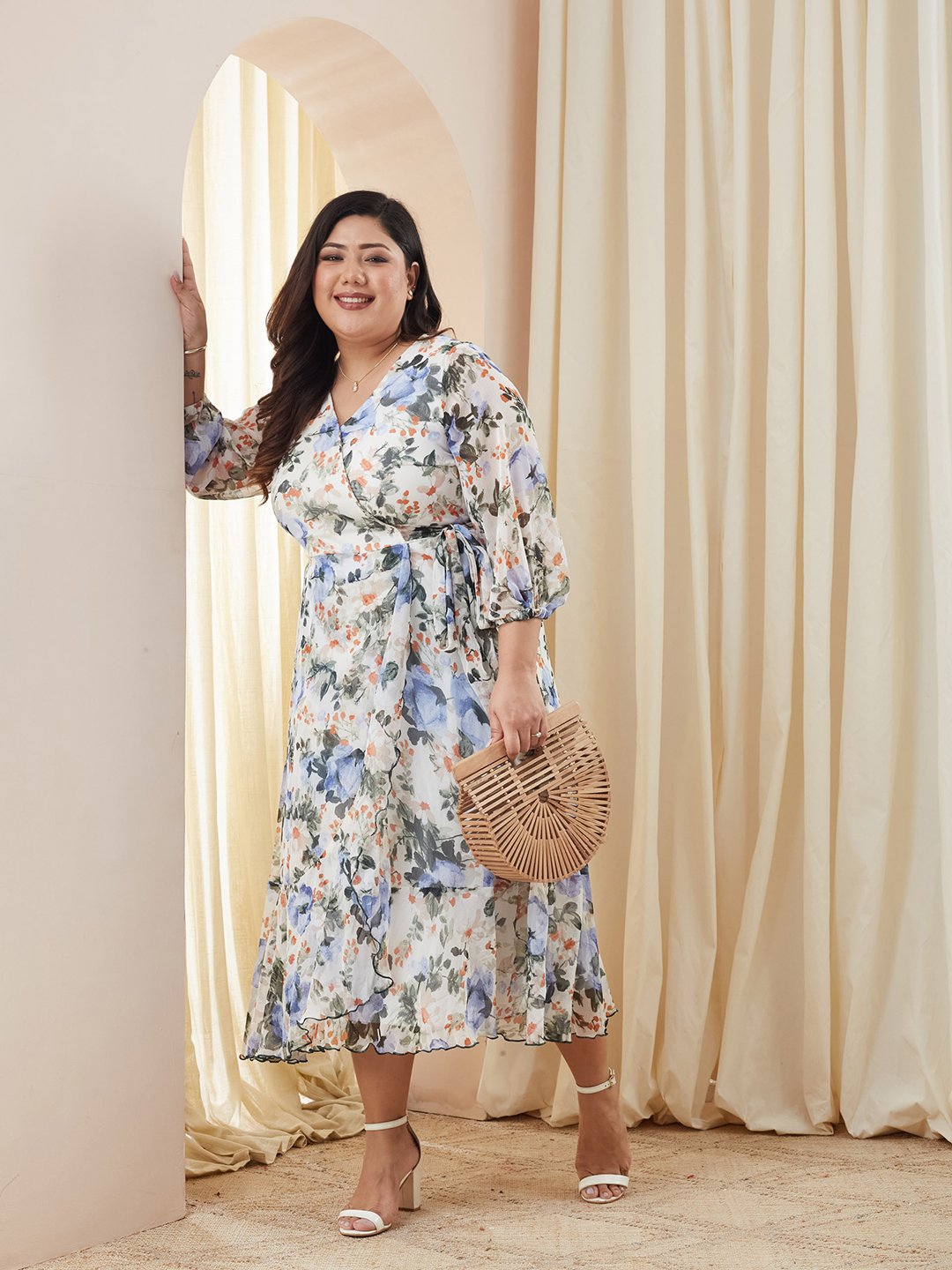 Multi Floral Midi A-Line Dress with 3/4 Sleeves