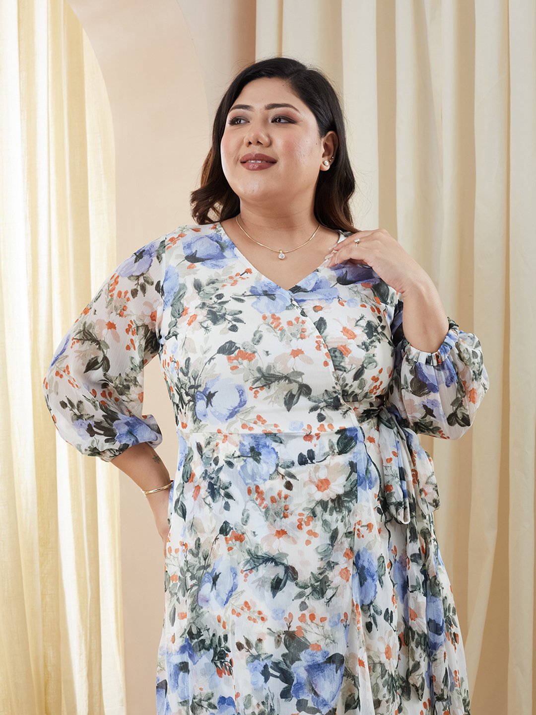 Multi Floral Midi A-Line Dress with 3/4 Sleeves