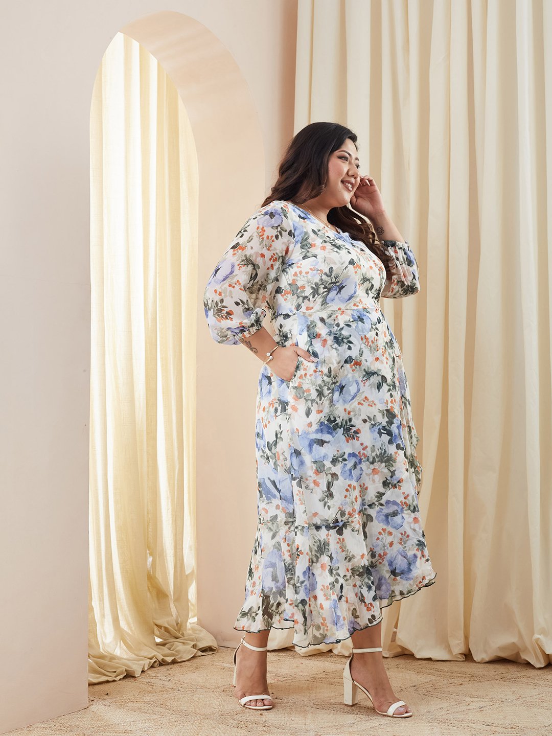 Multi Floral Midi A-Line Dress with 3/4 Sleeves