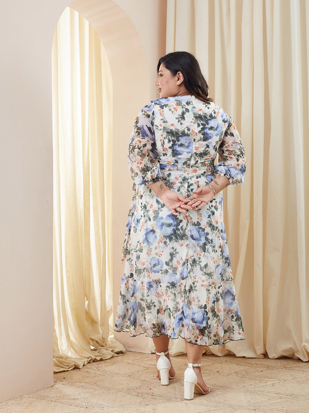 Multi Floral Midi A-Line Dress with 3/4 Sleeves