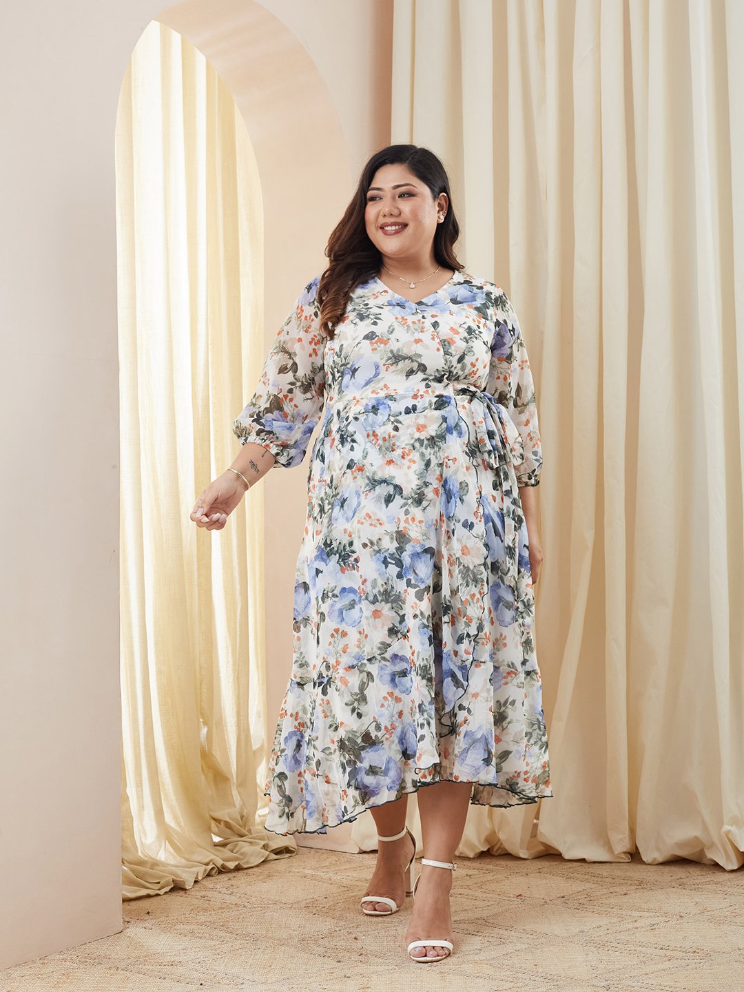 Multi Floral Midi A-Line Dress with 3/4 Sleeves