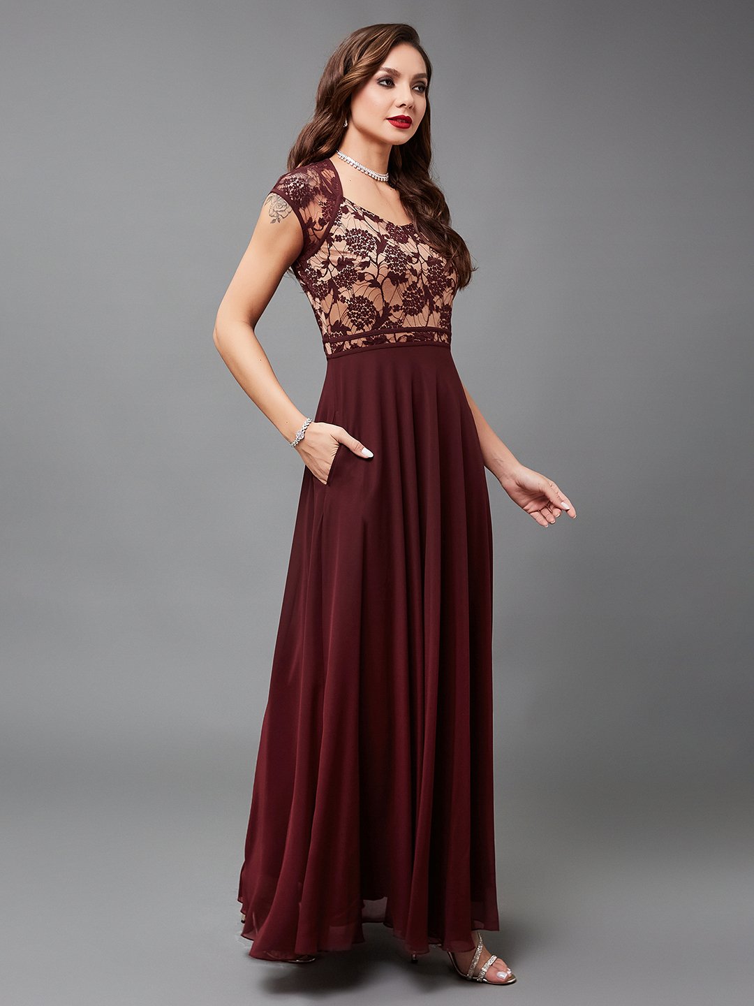 Maroon Lace A-Line Maxi Dress with Short Sleeves