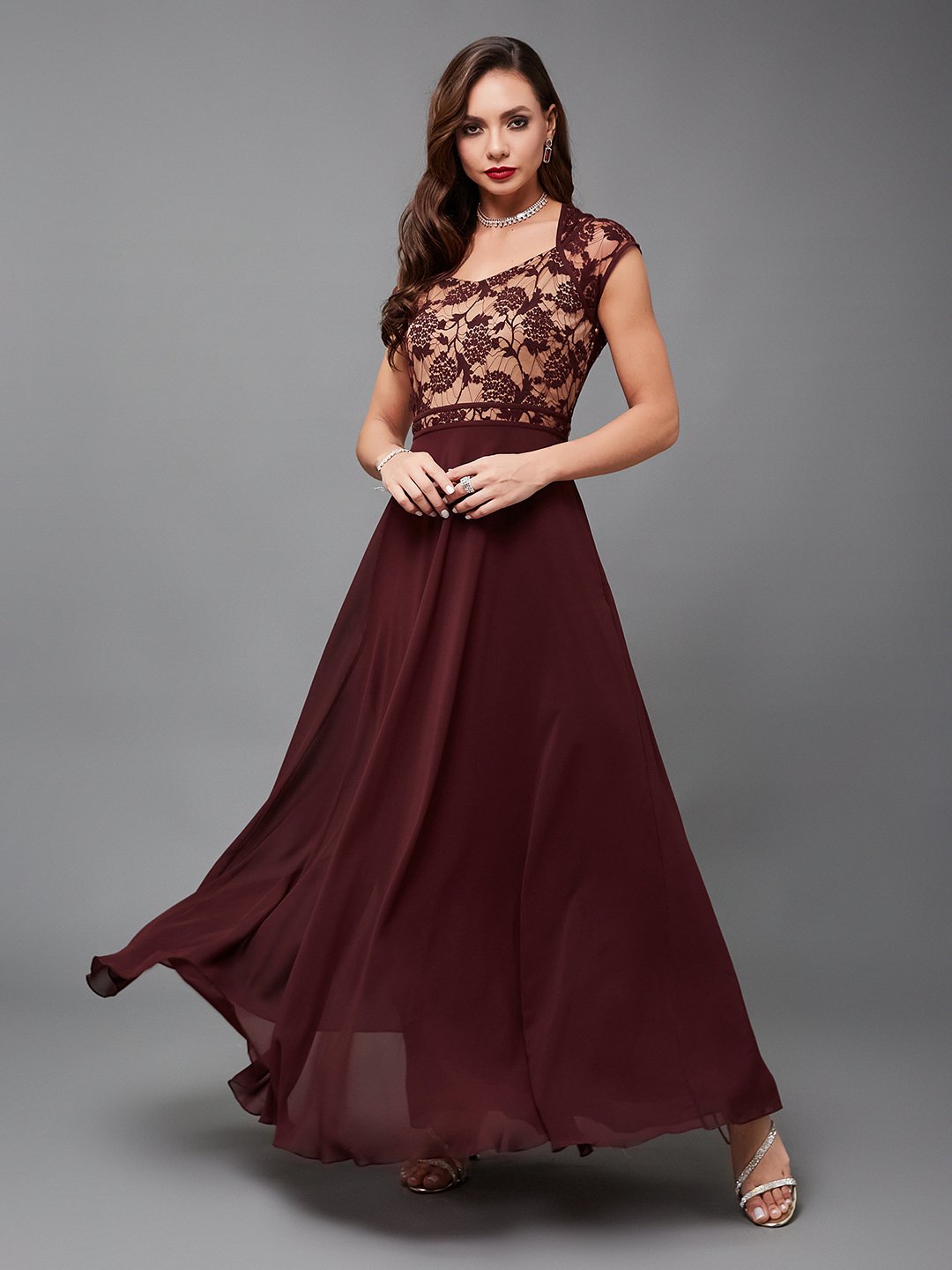 Maroon Lace A-Line Maxi Dress with Short Sleeves