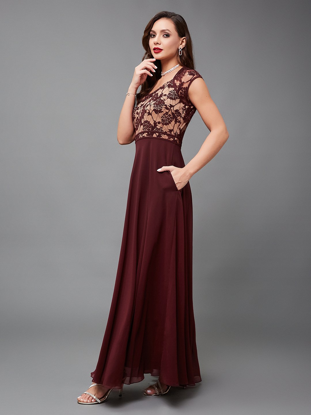 Maroon Lace A-Line Maxi Dress with Short Sleeves