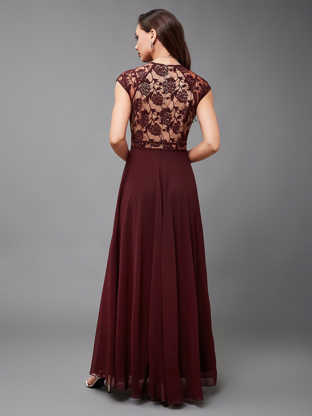 Maroon Lace A-Line Maxi Dress with Short Sleeves