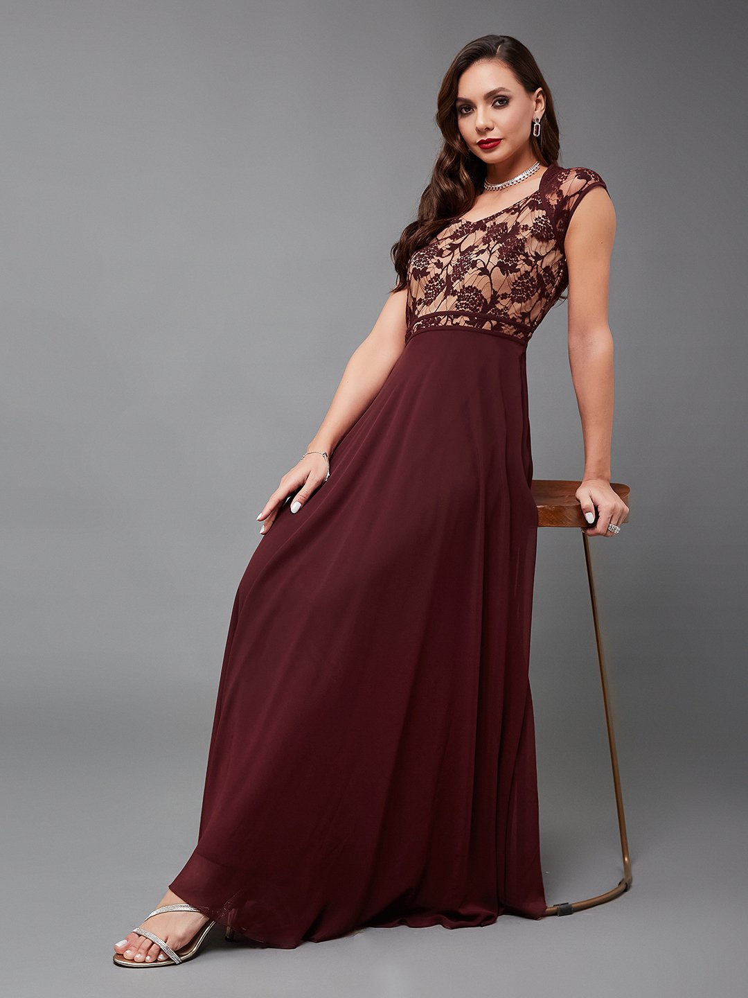 Maroon Lace A-Line Maxi Dress with Short Sleeves
