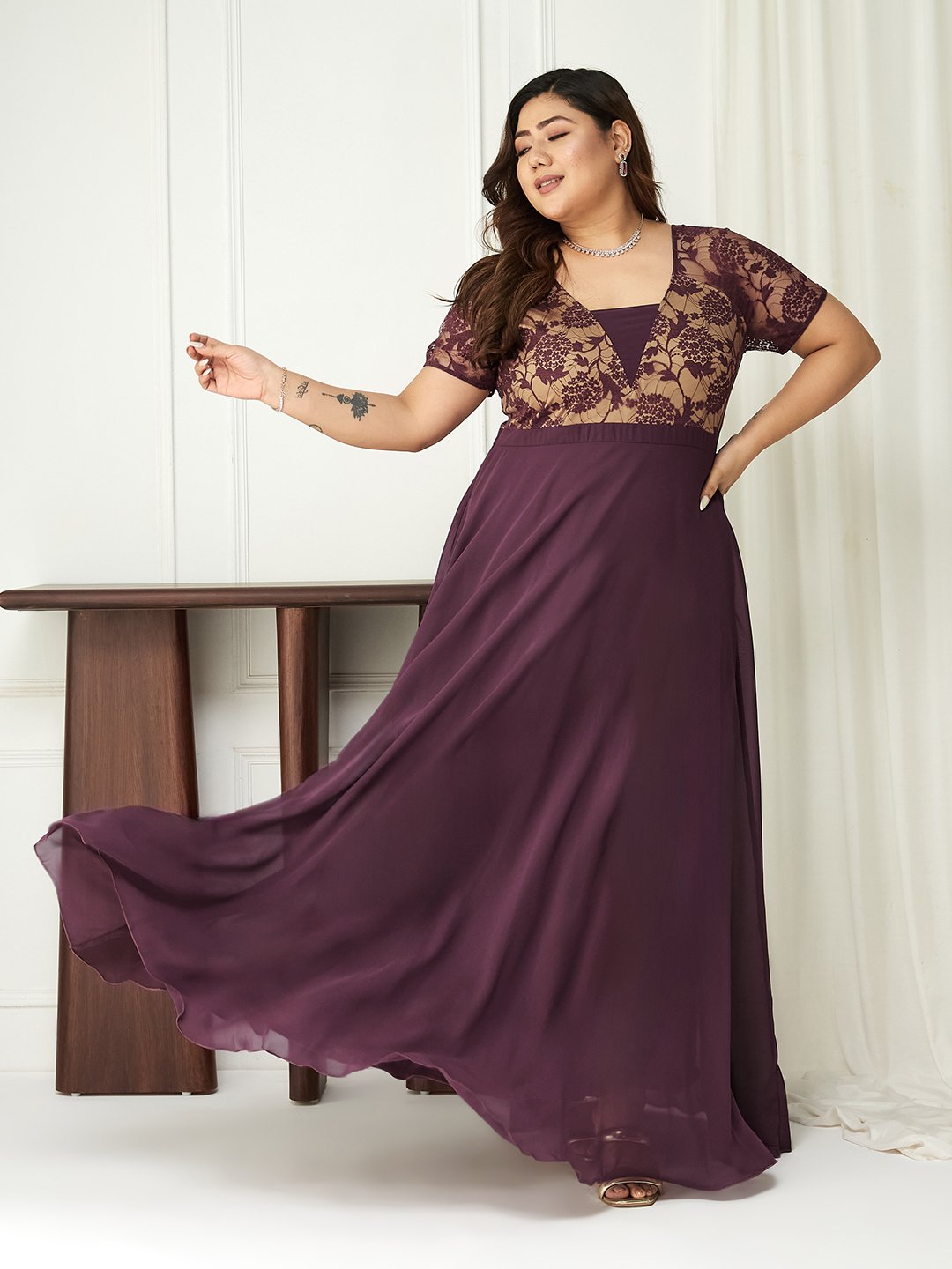 Purple Lace A-Line Maxi Dress with Short Sleeves