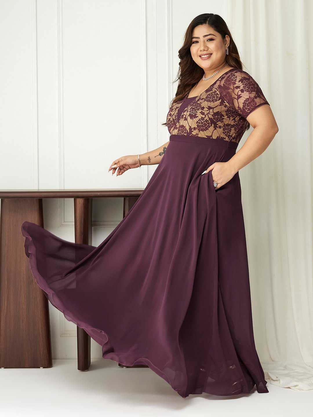 Purple Lace A-Line Maxi Dress with Short Sleeves