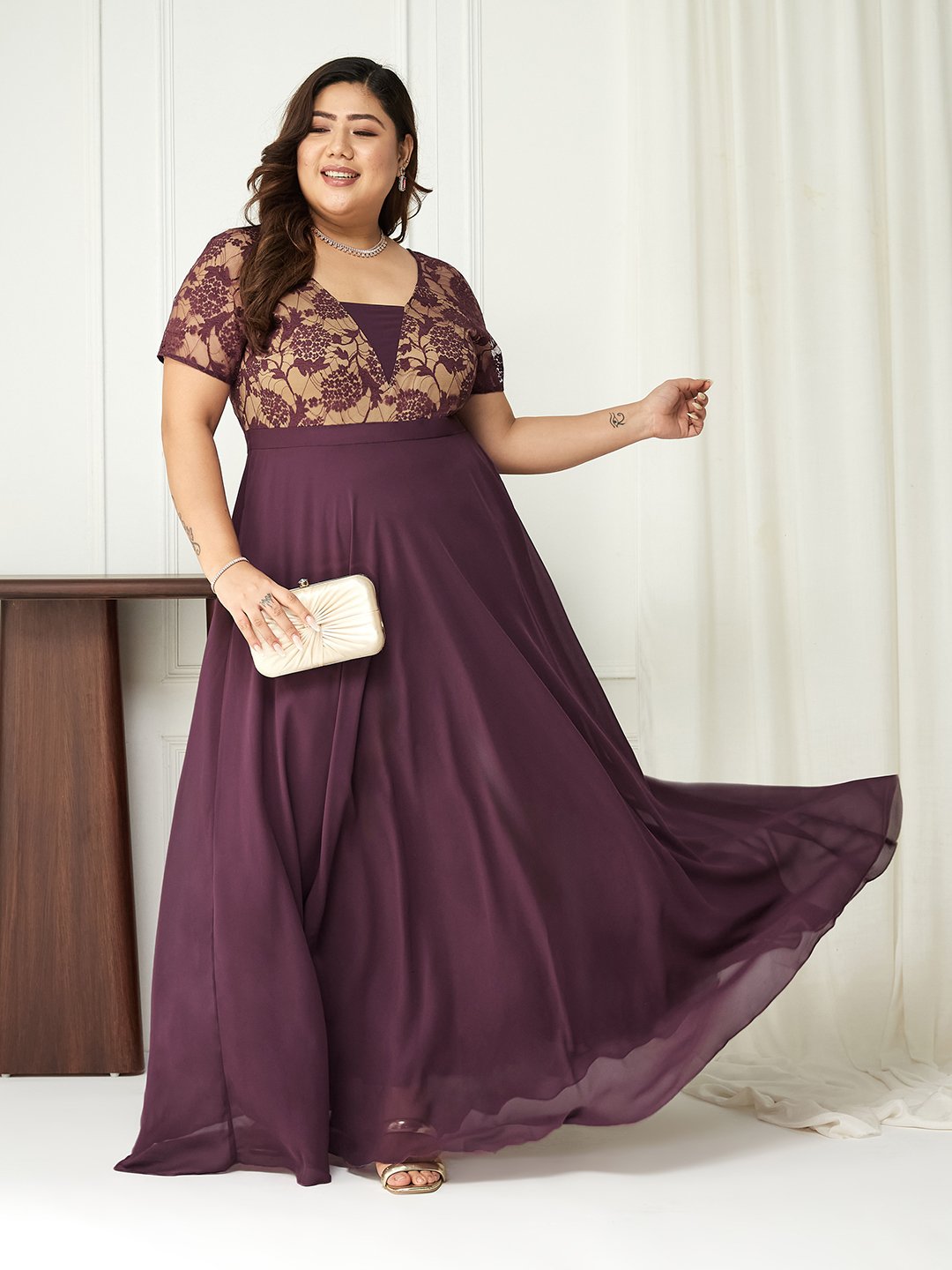 Purple Lace A-Line Maxi Dress with Short Sleeves