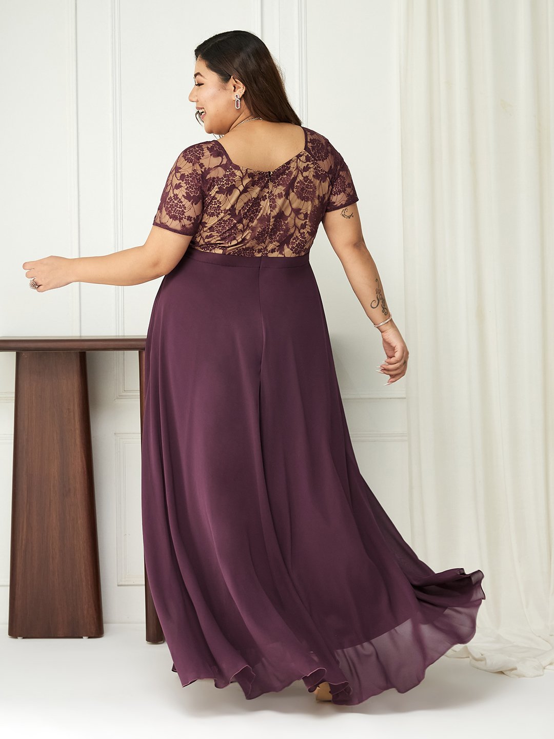 Purple Lace A-Line Maxi Dress with Short Sleeves