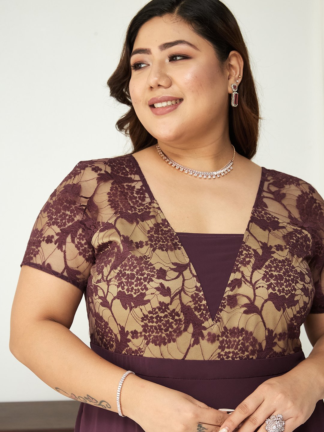 Purple Lace A-Line Maxi Dress with Short Sleeves