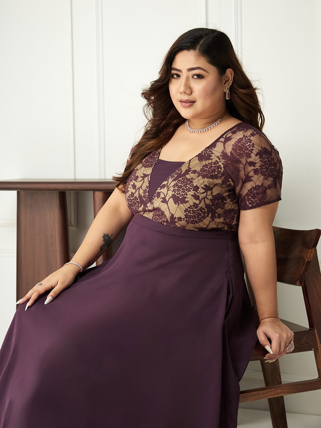Purple Lace A-Line Maxi Dress with Short Sleeves