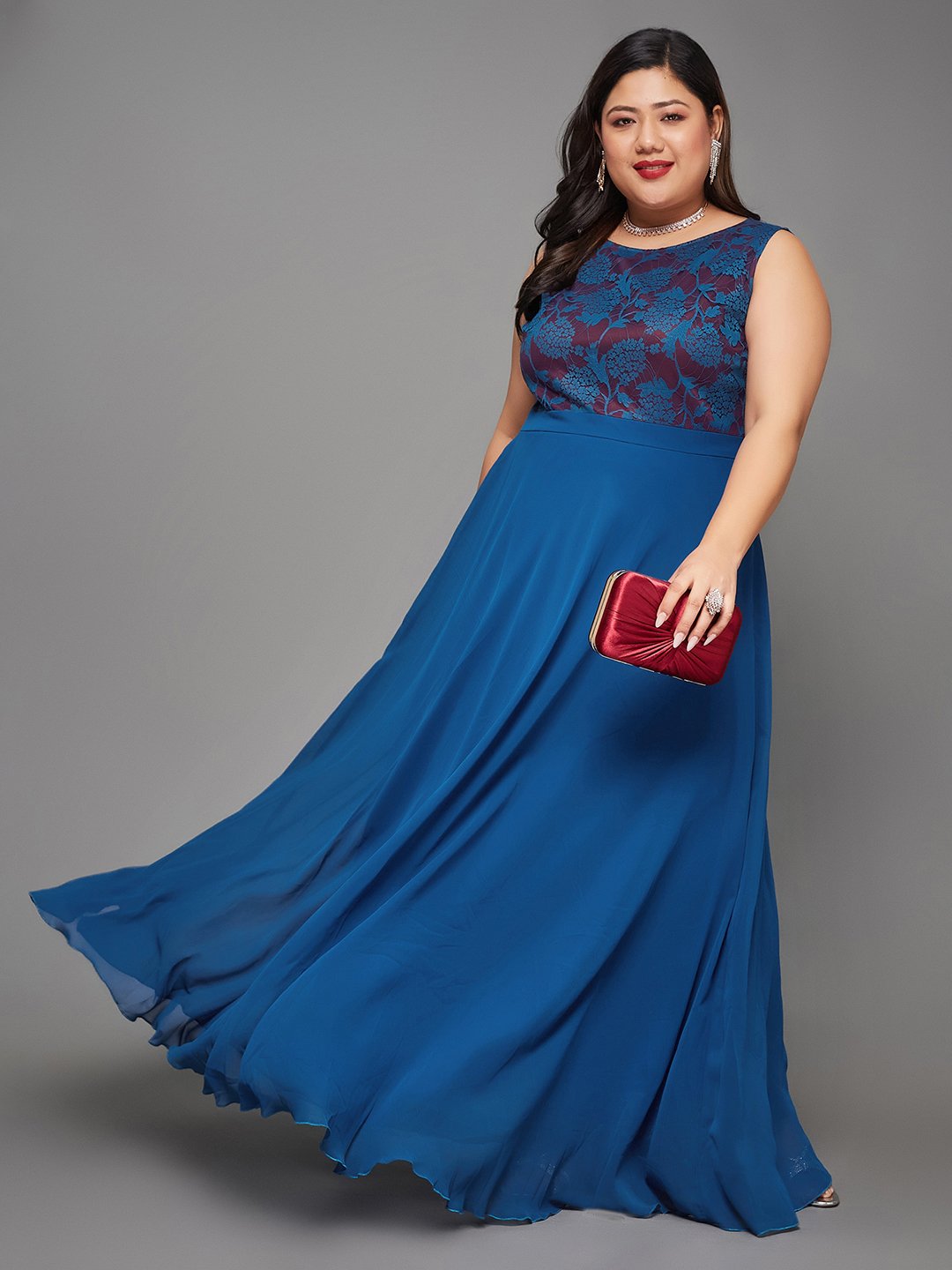 Blue Lace Sleeveless A-Line Maxi Dress