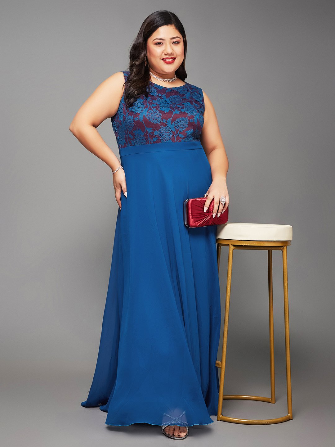 Blue Lace Sleeveless A-Line Maxi Dress