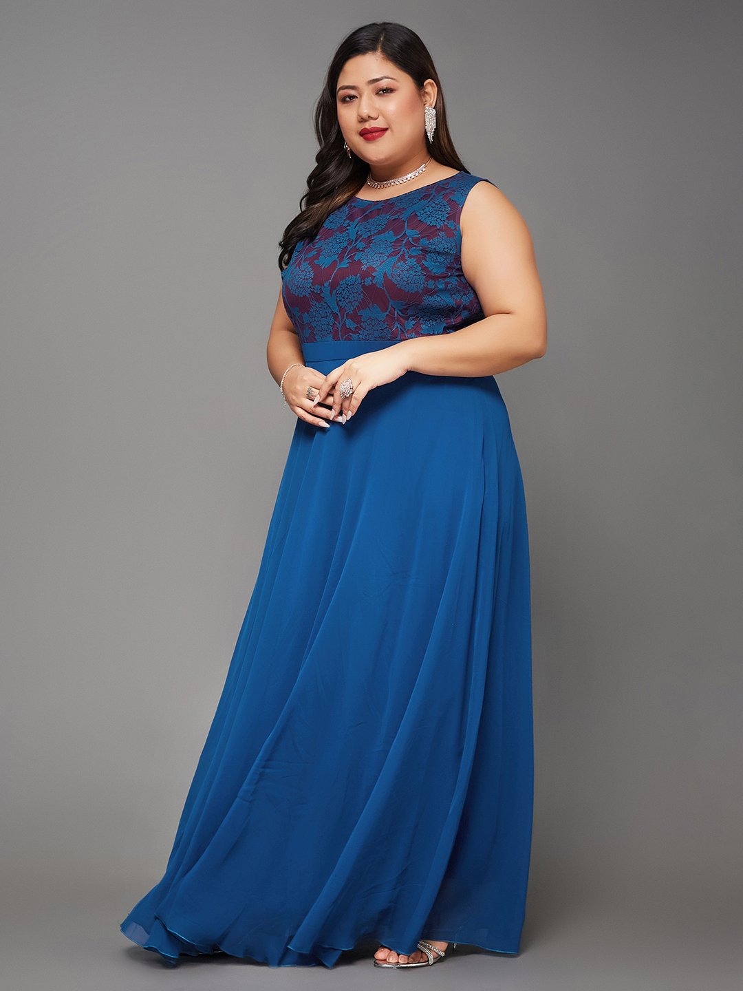 Blue Lace Sleeveless A-Line Maxi Dress