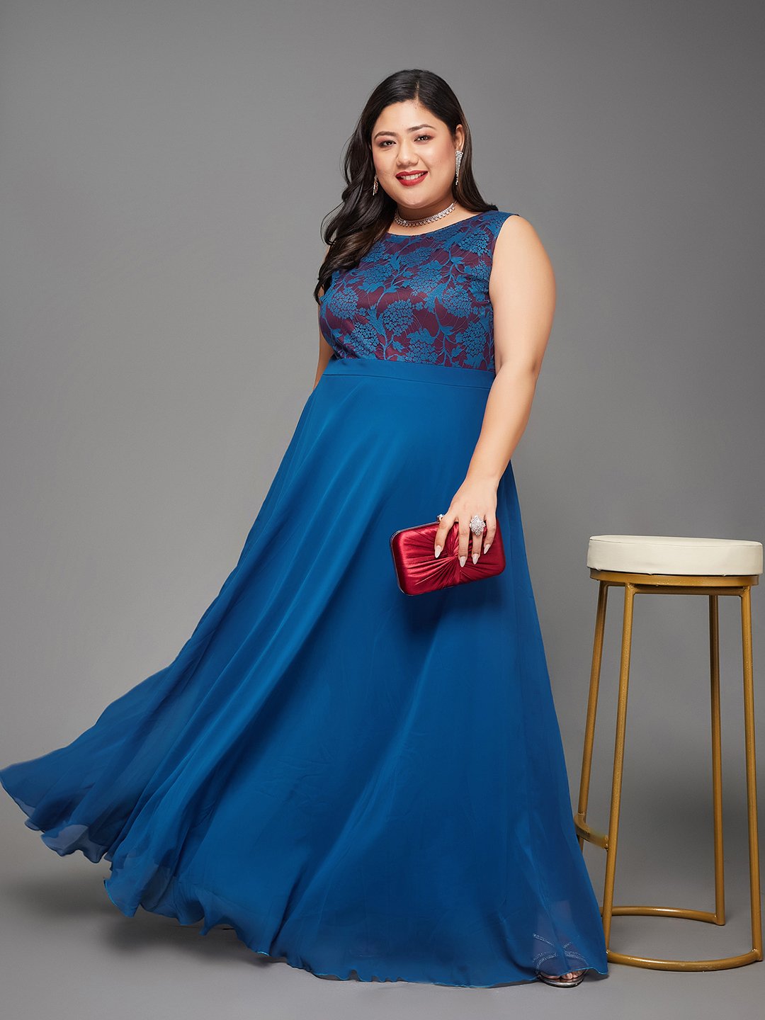 Blue Lace Sleeveless A-Line Maxi Dress
