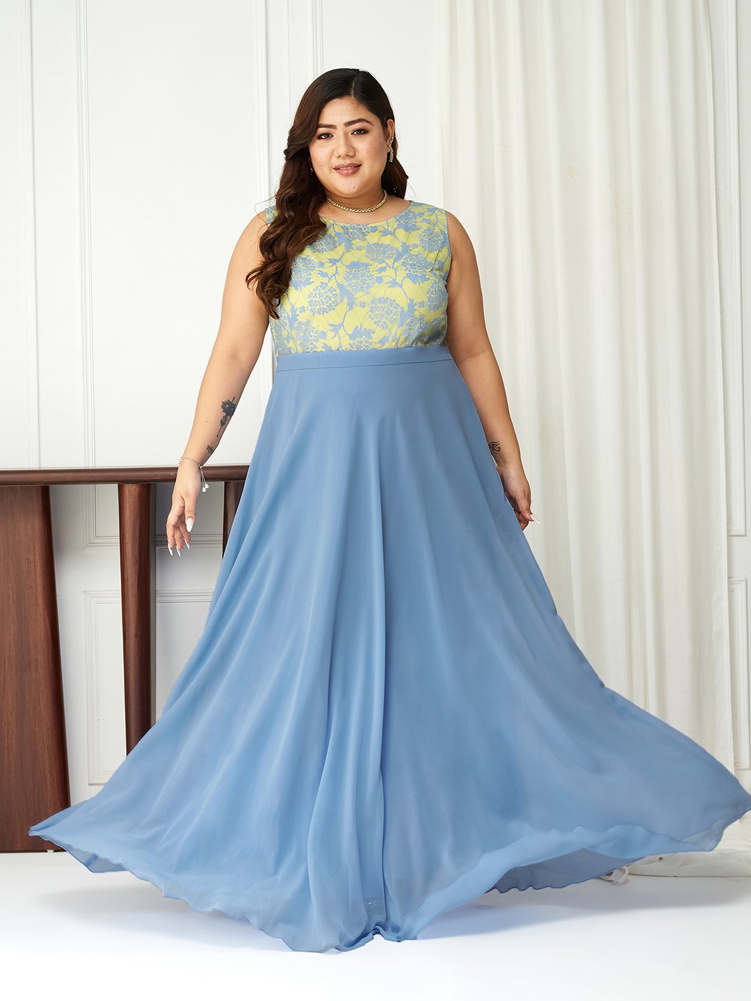 Light Blue Floral Lace A-Line Maxi Dress