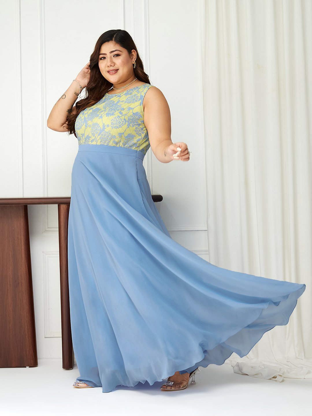 Light Blue Floral Lace A-Line Maxi Dress