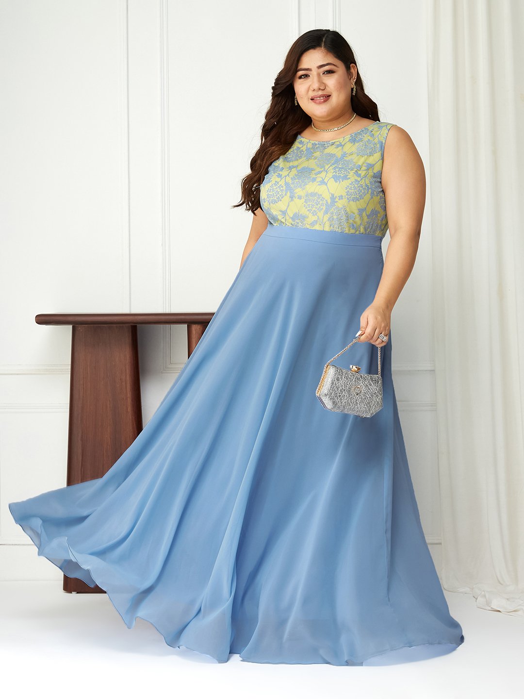 Light Blue Floral Lace A-Line Maxi Dress