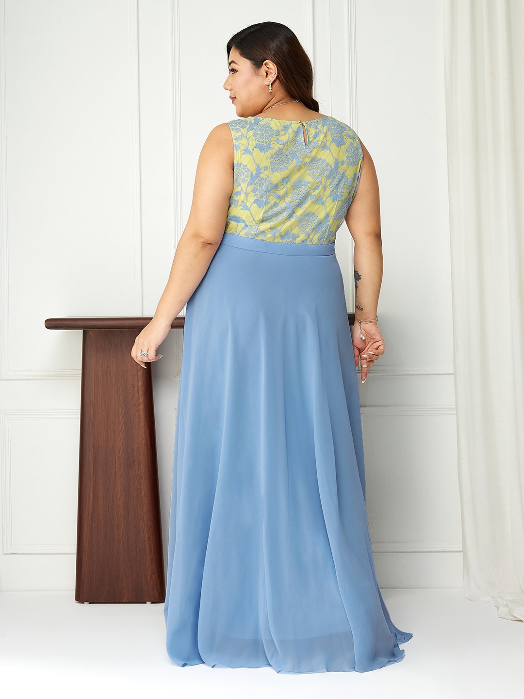 Light Blue Floral Lace A-Line Maxi Dress