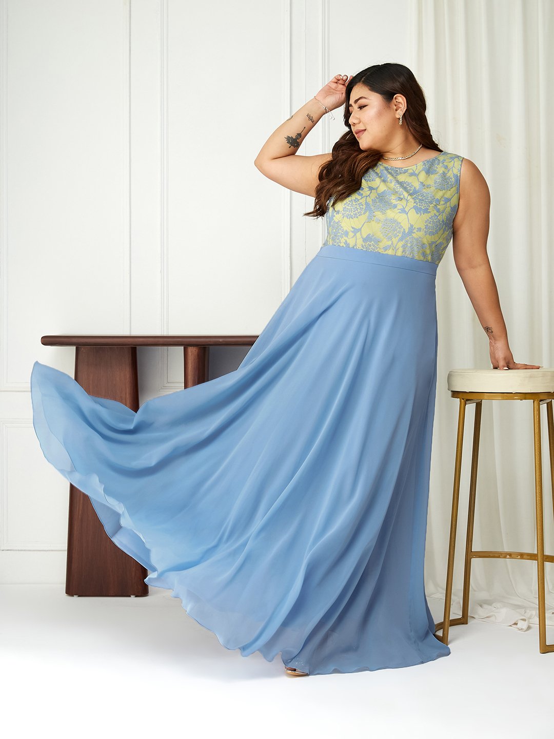 Light Blue Floral Lace A-Line Maxi Dress