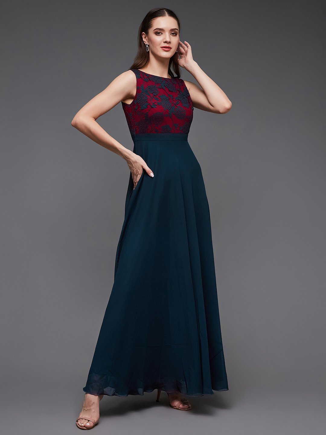 Teal A-Line Lace Bodice Sleeveless Maxi Dress