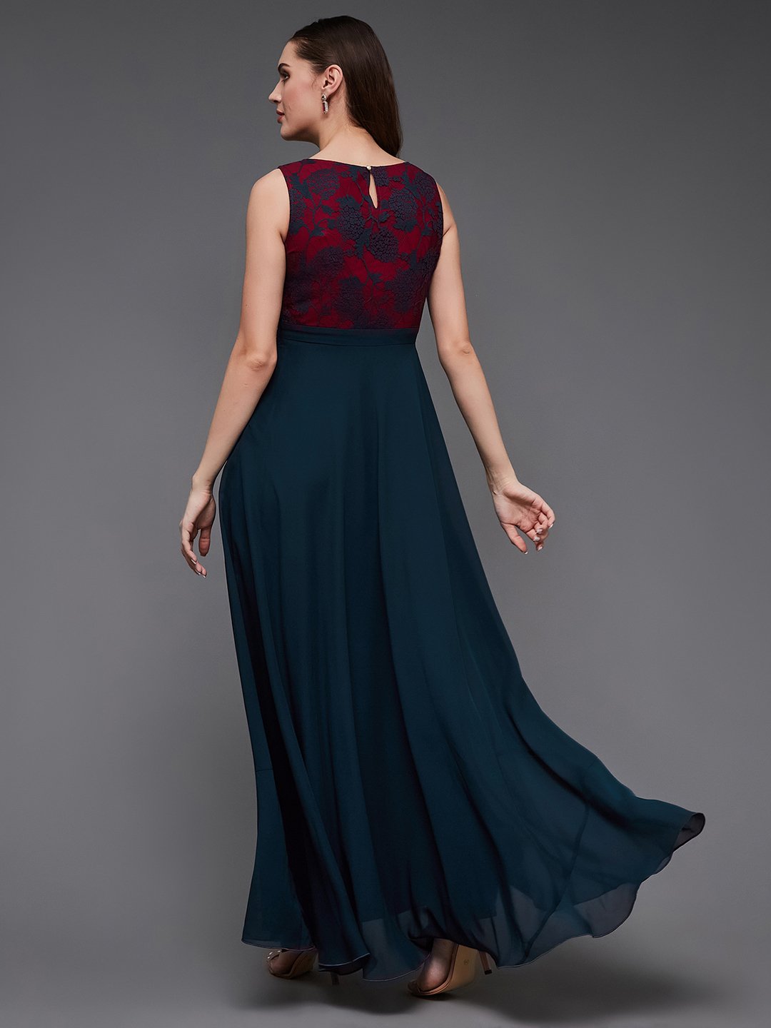 Teal A-Line Lace Bodice Sleeveless Maxi Dress