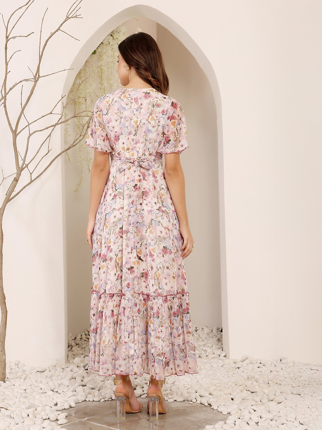 Light Pink Floral Wrap Maxi Dress with Short Sleeves
