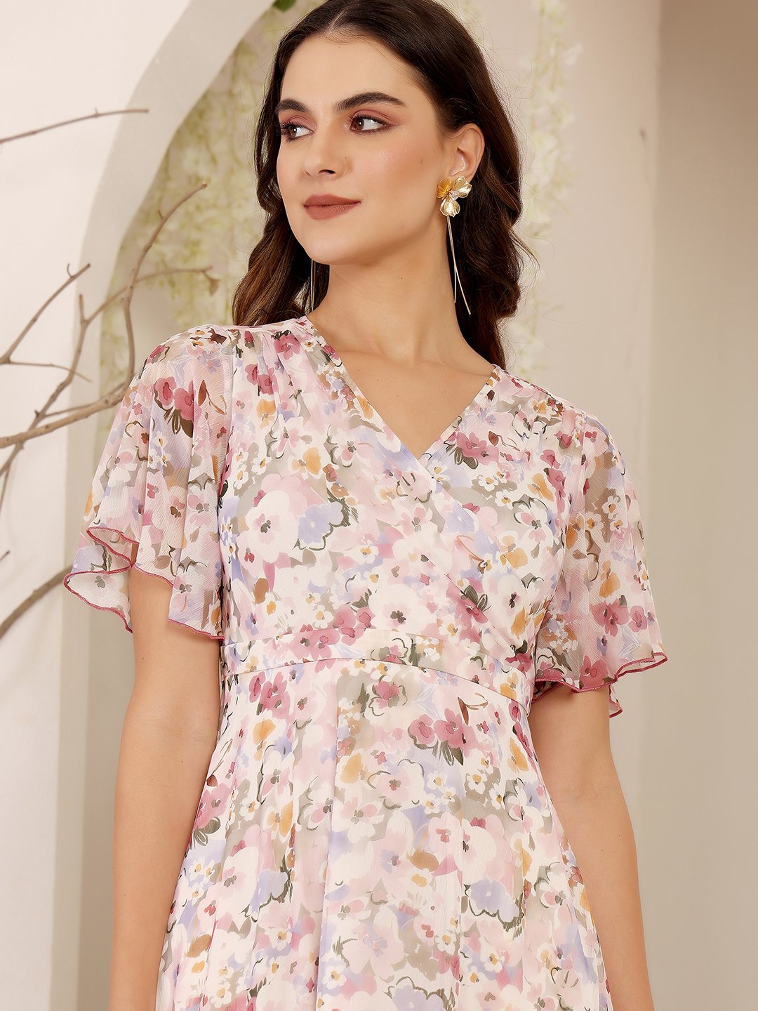 Light Pink Floral Wrap Maxi Dress with Short Sleeves