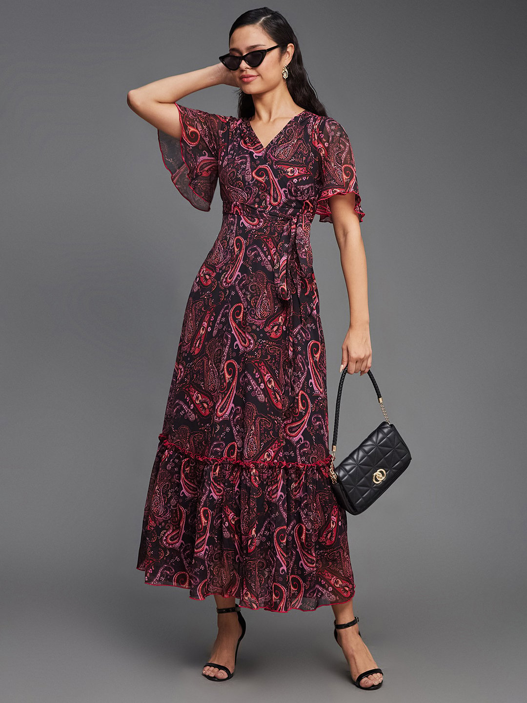 Paisley Print Wrap Maxi Dress with Short Sleeves