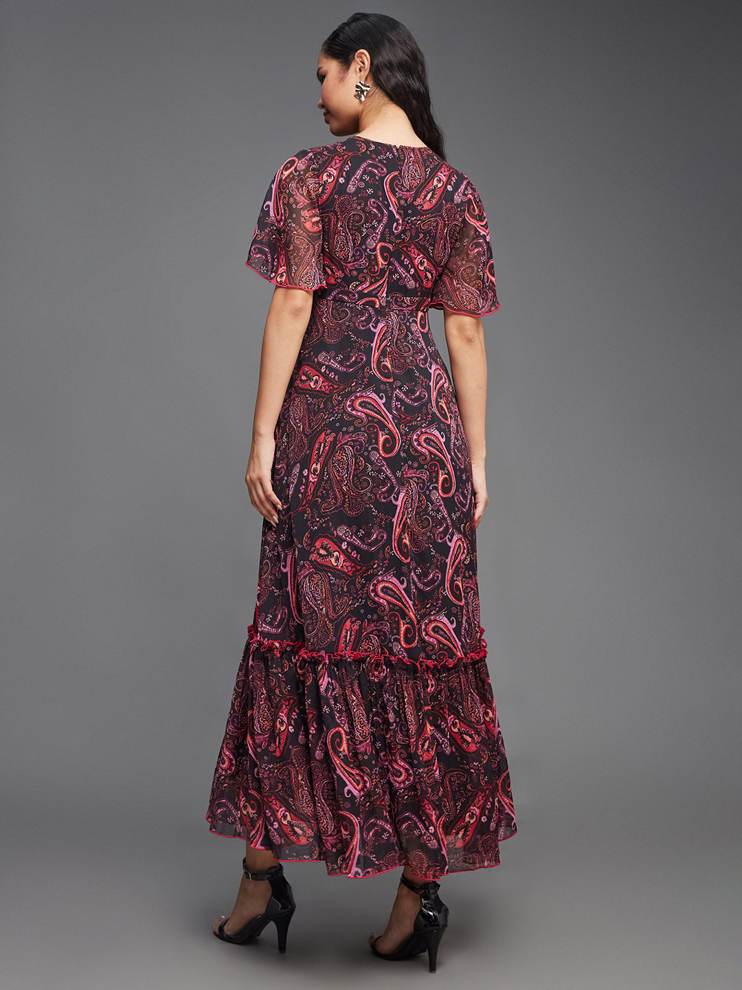 Paisley Print Wrap Maxi Dress with Short Sleeves