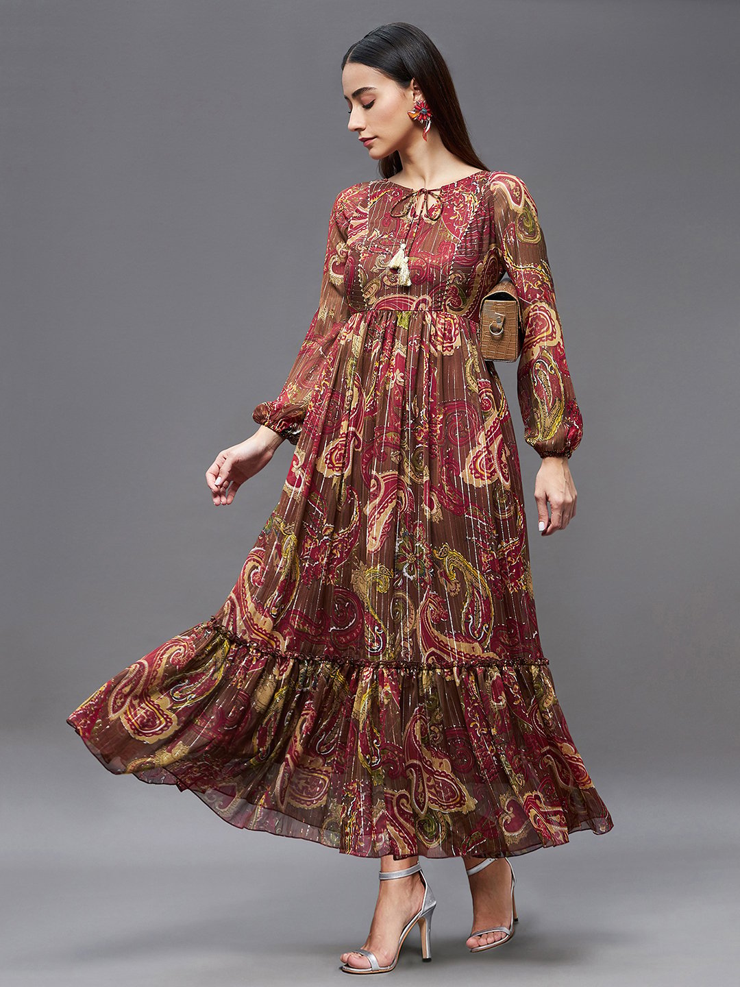Brown Paisley Tiered Maxi Dress with Long Sleeves