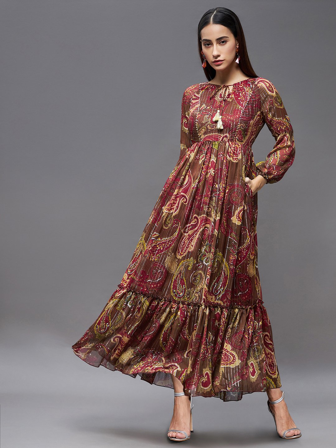 Brown Paisley Tiered Maxi Dress with Long Sleeves