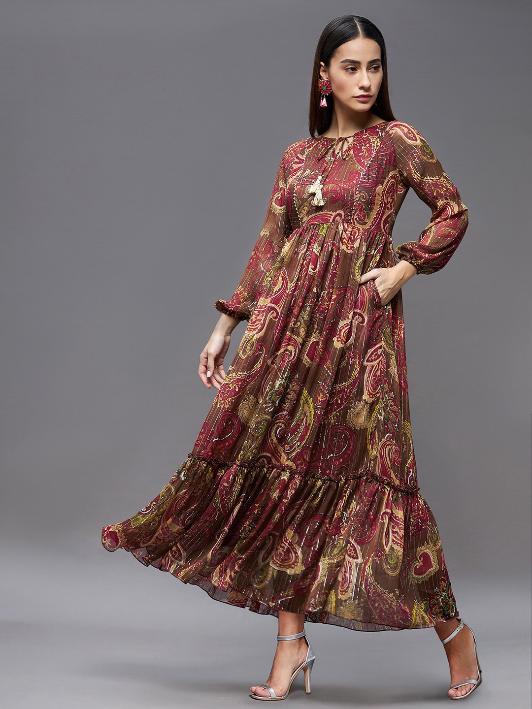 Brown Paisley Tiered Maxi Dress with Long Sleeves