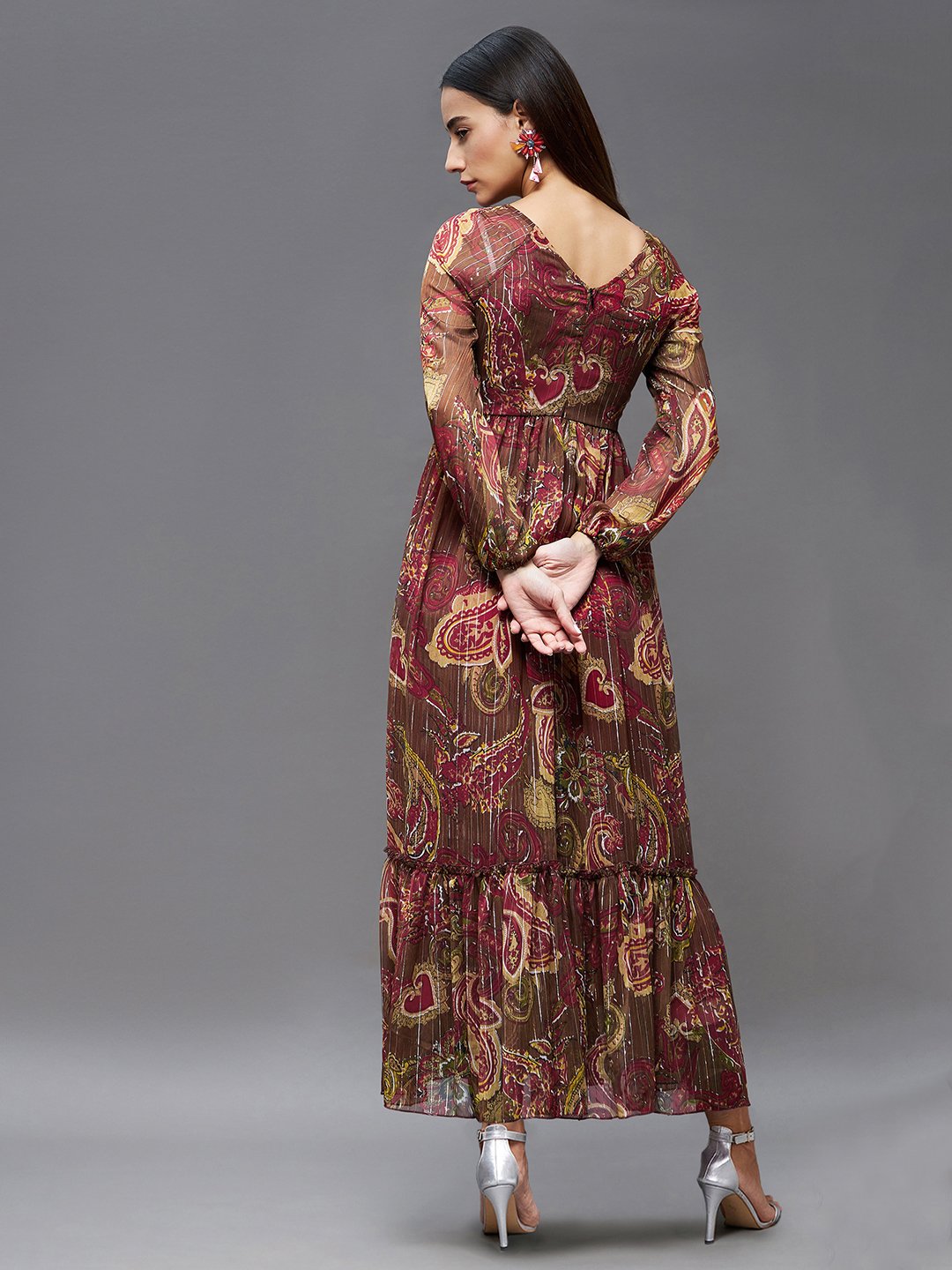 Brown Paisley Tiered Maxi Dress with Long Sleeves