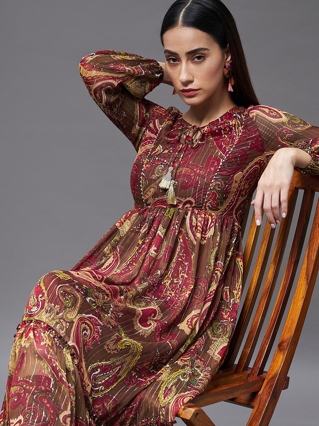 Brown Paisley Tiered Maxi Dress with Long Sleeves