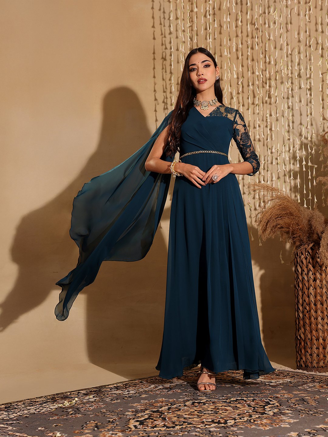 Teal A-Line Maxi Dress with Lace 3/4 Sleeves