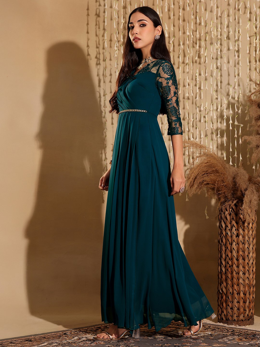 Teal A-Line Maxi Dress with Lace 3/4 Sleeves