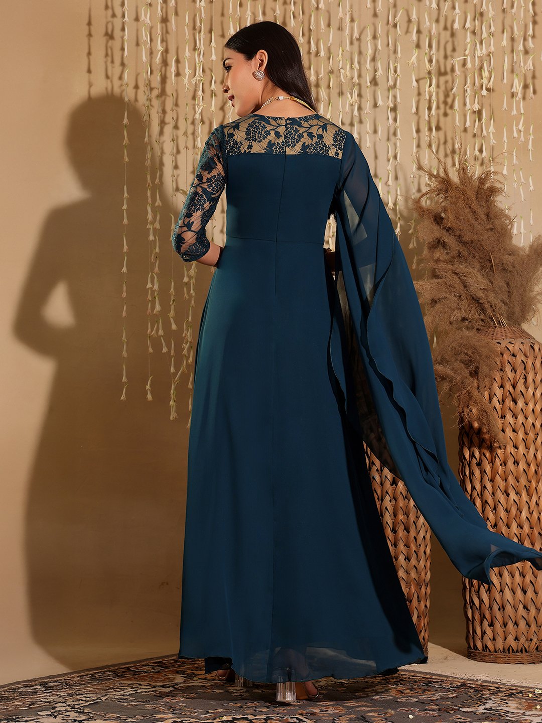 Teal A-Line Maxi Dress with Lace 3/4 Sleeves