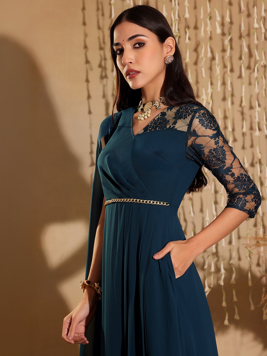 Teal A-Line Maxi Dress with Lace 3/4 Sleeves