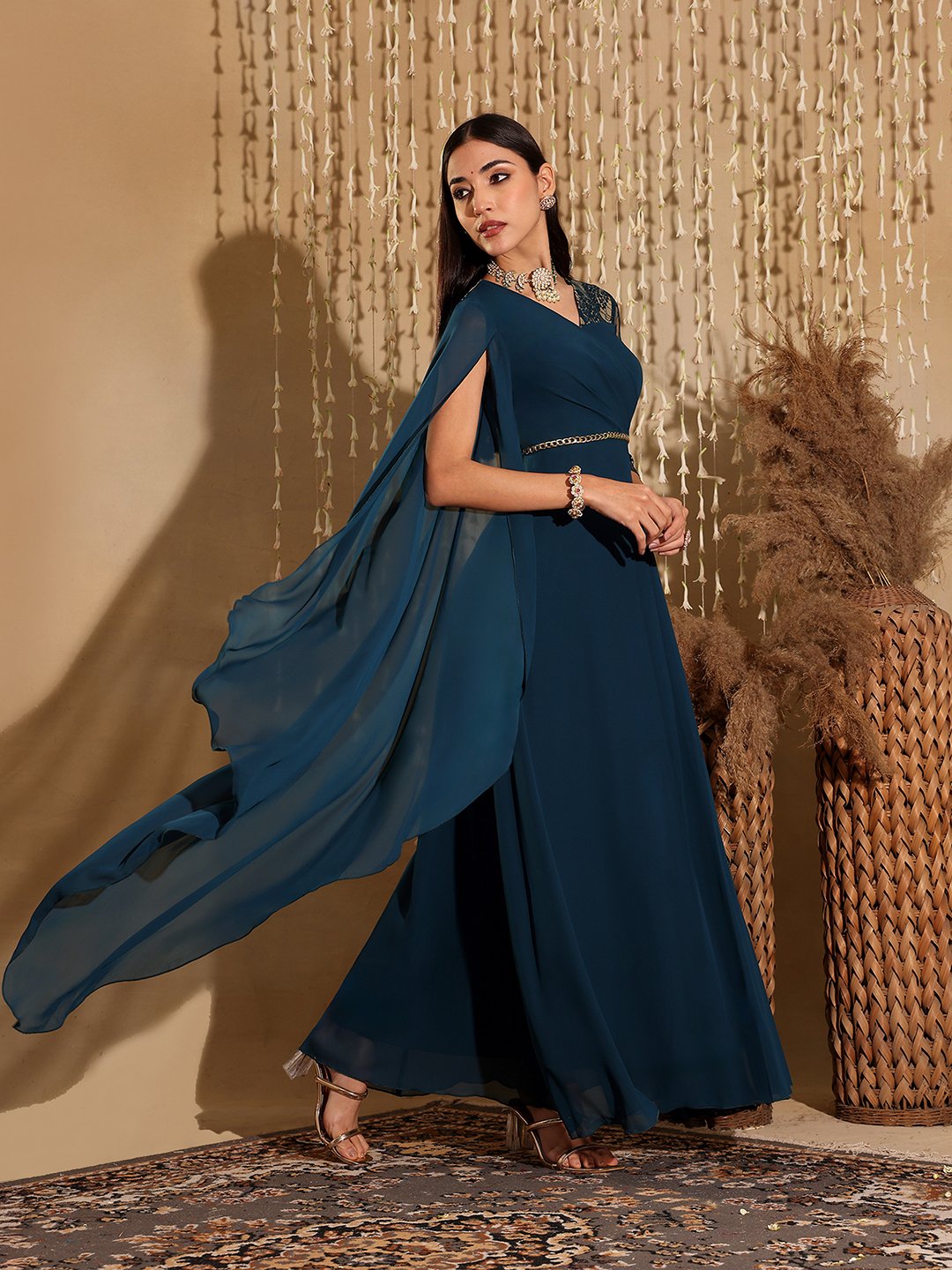 Teal A-Line Maxi Dress with Lace 3/4 Sleeves