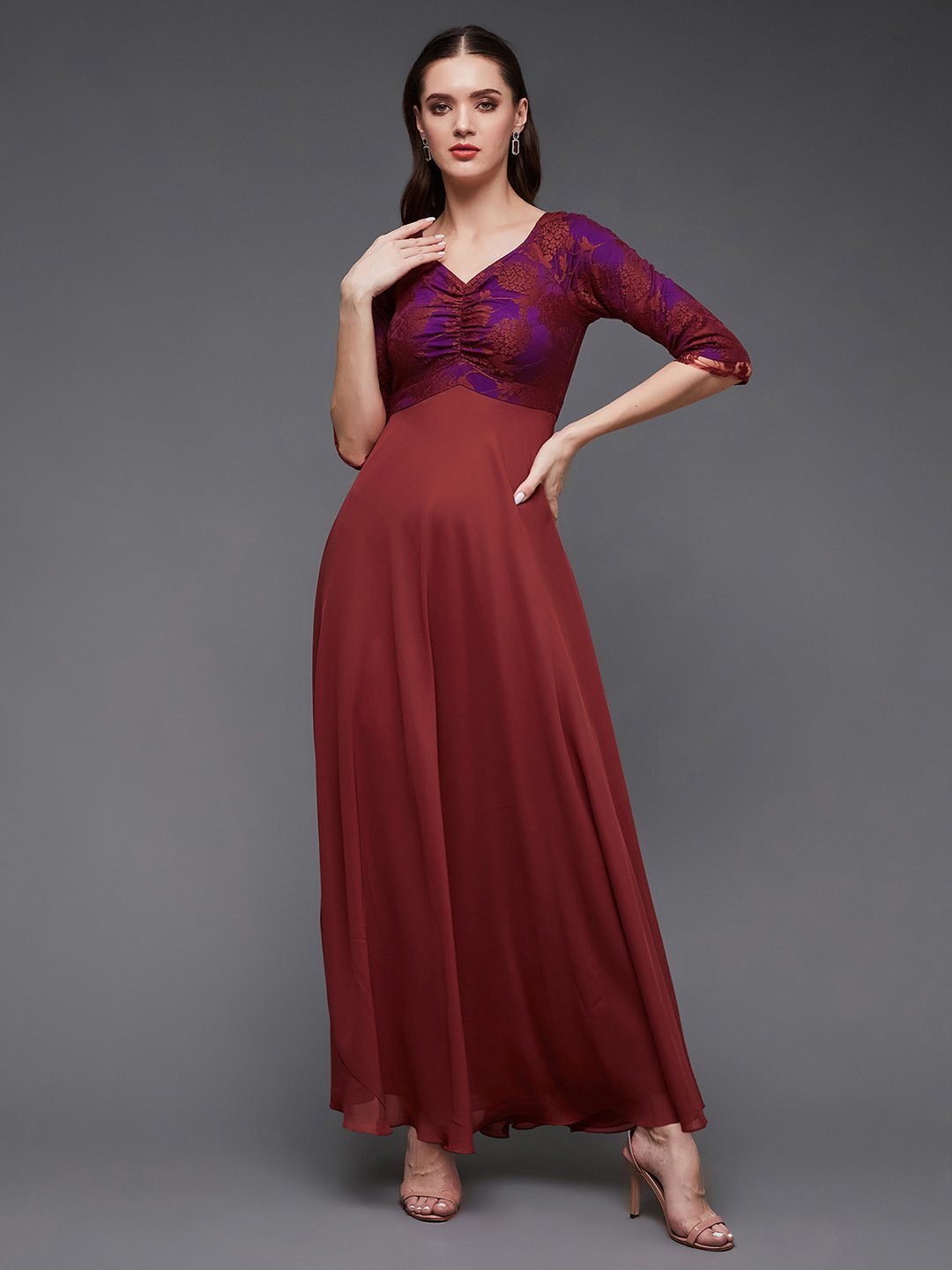 Floral A-Line Maxi Dress with 3/4 Sleeves