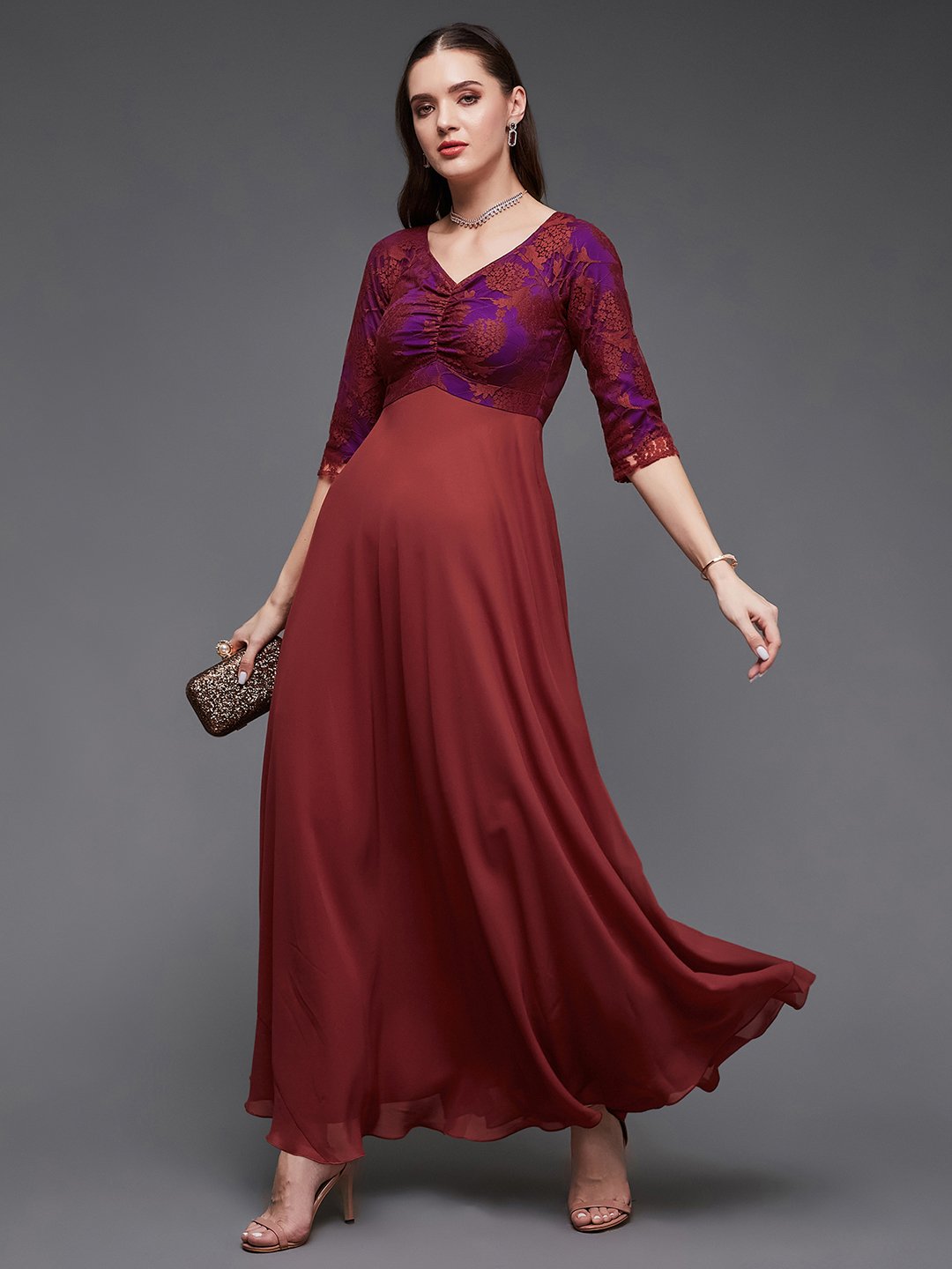 Floral A-Line Maxi Dress with 3/4 Sleeves