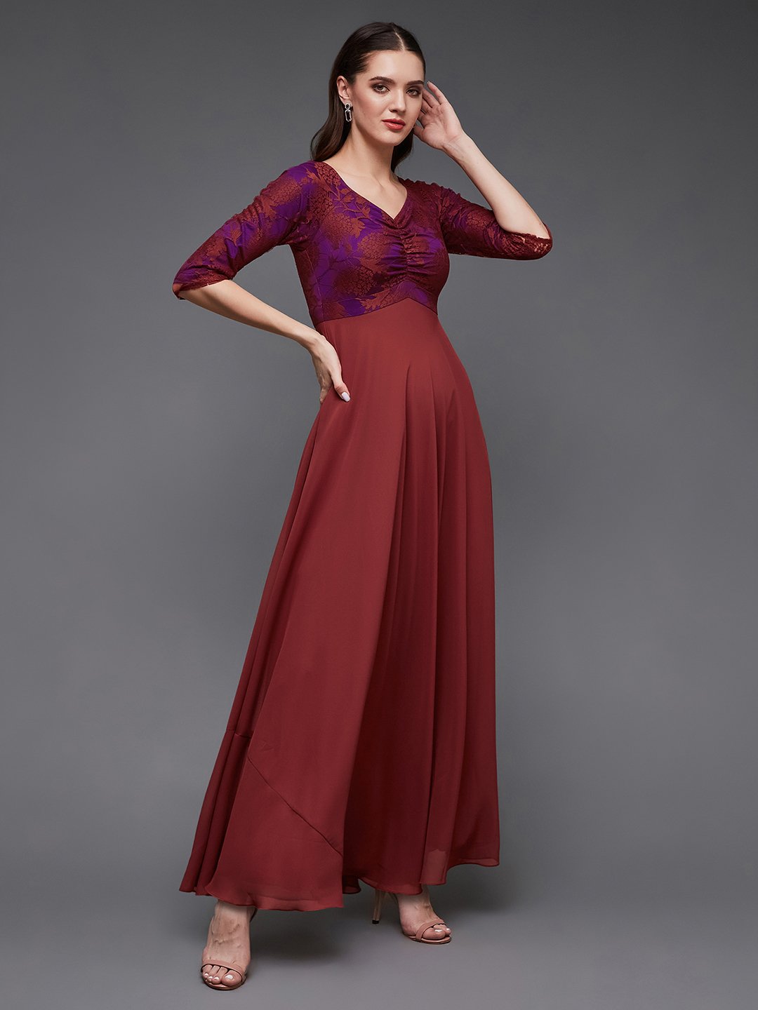 Floral A-Line Maxi Dress with 3/4 Sleeves