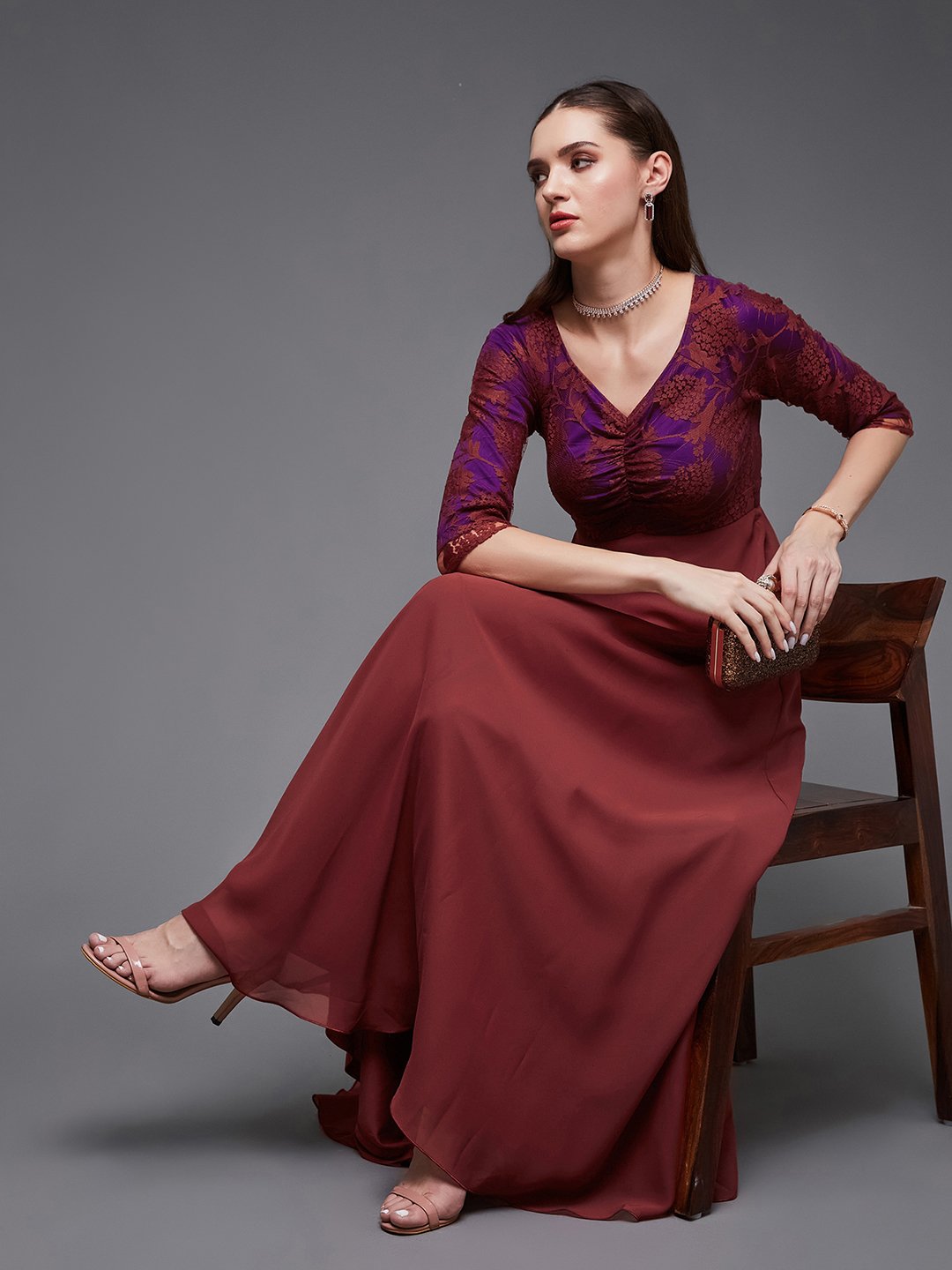 Floral A-Line Maxi Dress with 3/4 Sleeves